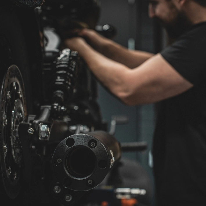 Our installer working on a VOX exhaust on the new Indian Scout 1250cc