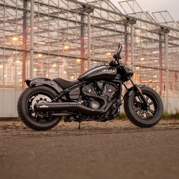 Indian Scout 1250 with new VOX Exhaust in Black with a Streetfighter end cap in black