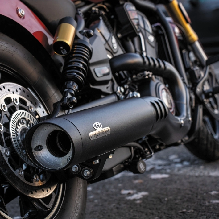 Indian Scout 1250cc with a Dr. Jekill & Mr. Hyde® Exhaust System in black with a slah cut end cap in black